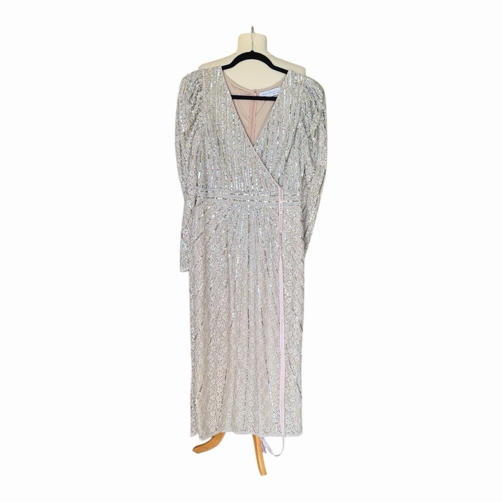 Mac Duggal 93676 Midi Dress Beaded V-Neck Long Sleeve Taupe Sequin Size 6 - Picture 4 of 14